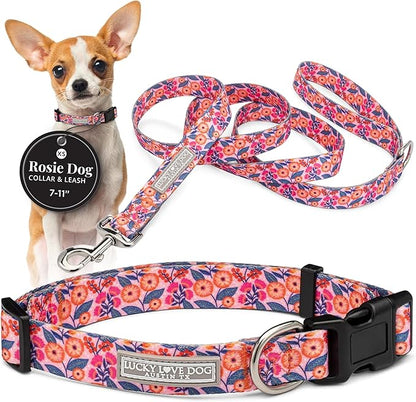 Lucky Love Dog - Easy Click Buckle Dog Collar with Leash Set Combo, Durable & Comfortable for Male & Female Dogs, Pet Collar for Small Dogs, Secure Fit - Floral Rosie Combo, X-Small