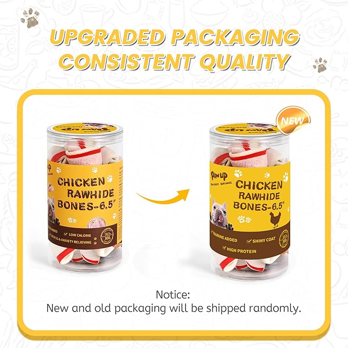 PAWUP Dog Treat Rawhide Bones with Chicken (6.5 ", 4 pcs), Dog Chews Beefhide Treats w/Taurine, 10.5 oz