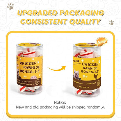 PAWUP Dog Treat Rawhide Bones with Chicken (6.5 ", 4 pcs), Dog Chews Beefhide Treats w/Taurine, 10.5 oz