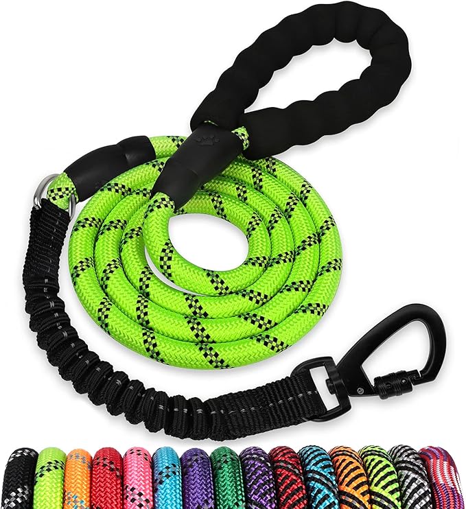 Rope Dog Leash 5 FT: Heavy Duty Leashes with Swivel Lockable Hook Reflective Threads Bungee and Padded Handle - Dog Lead for Large Small Medium Dogs Outside Walking Hiking Green