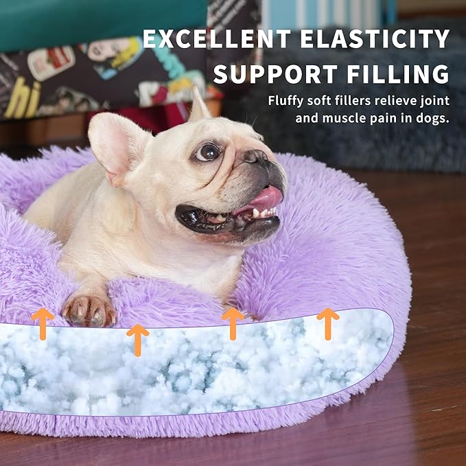 Calming Donut Dogs Beds for Small Dogs Washable,23inch Plush Round Pet Bed for Cozy Sleep,Fluffy Faux Fur Large Cat Bed,Fits up to 25 lbs Pets,Purple