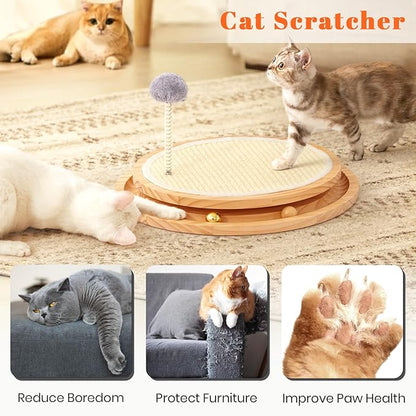 LMUGOOS Cat Scratcher, Cat Natural Sisal Scratching Pad, Kitten Interactive Toy with Ball Track Spring Ball for Chasing Hunting Mental Physical Exercise Puzzle