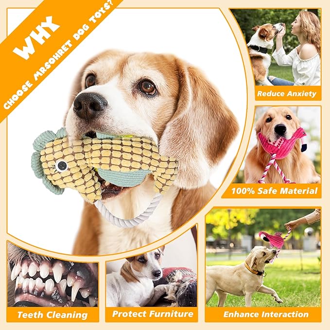 MRSOHRET 5 Pack Plush Dog Toys with Rope, Squeaky Dog Toys, Tug of War Dog Interactive Toy, Durable Dog Chew Toys for Large Dogs & Puppies