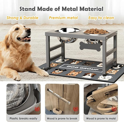 ADENGL Elevated Dog Bowls, 10" Tall Height, Raised Bowl Stand with 2 Stainless Steel Food Feeder Bowls (58oz) and Spill-Proof Mat for Medium Large and Small Breeds, Grey