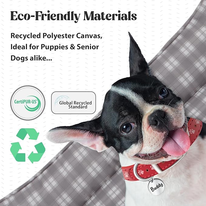 Pupstilo Orthopedic Bolster Dog Bed – CertiPUR-US Foam, Recycled Polyester Canvas, Washable Cover, Anti-Slip Bottom, Large, Pink Check – Stylish Designer Dog Sofa