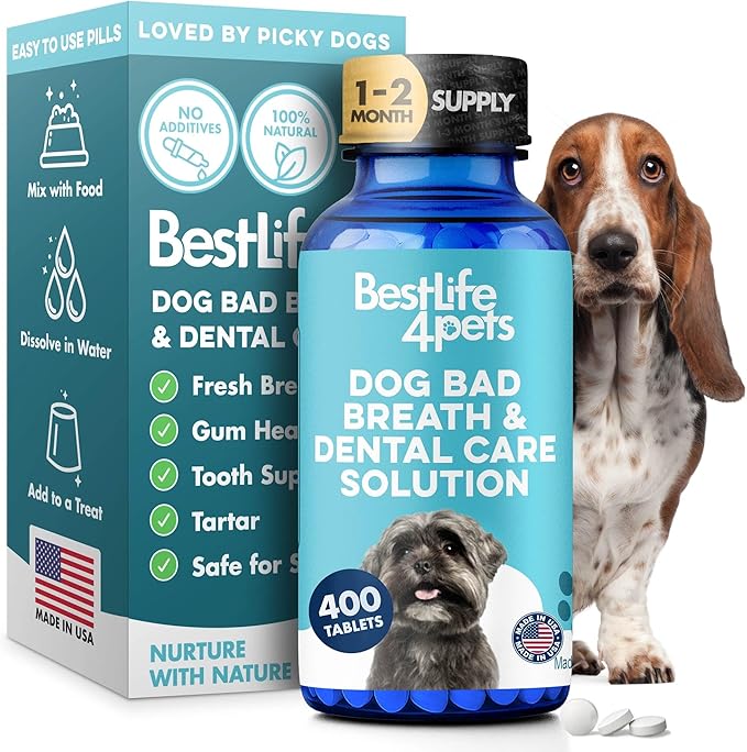 Dog Bad Breath & Dental Care Solution, Supports Canine Oral Health, Relieves Stinky Breath, Tooth Pain, Red Swollen Gums, Helps Reduce Plaque and Gingivitis, 400 Odorless, Tasteless Easy to Use Pills