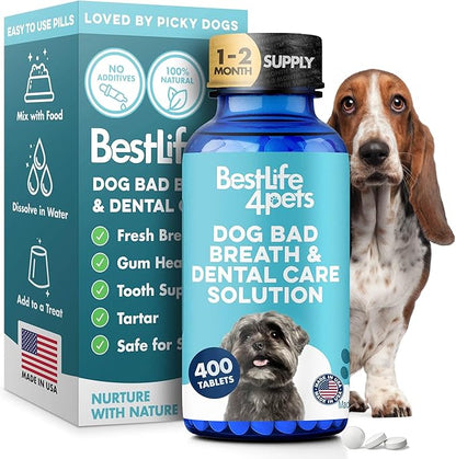 Dog Bad Breath & Dental Care Solution, Supports Canine Oral Health, Relieves Stinky Breath, Tooth Pain, Red Swollen Gums, Helps Reduce Plaque and Gingivitis, 400 Odorless, Tasteless Easy to Use Pills
