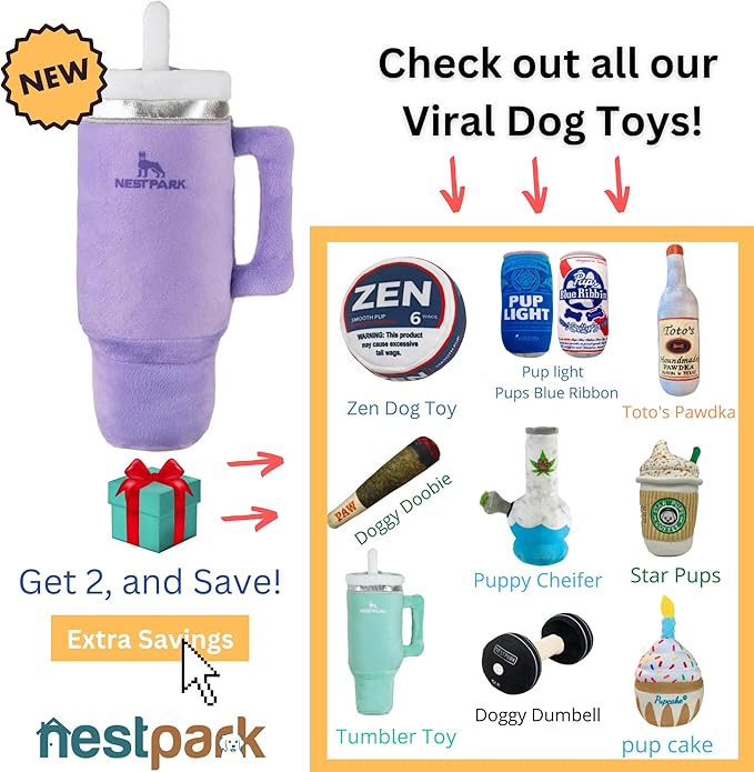 Nestpark Tumbler Cup Funny Dog Toy - Parody Plush Squeaky Crinkle Dog Toy (Orchid Purple)