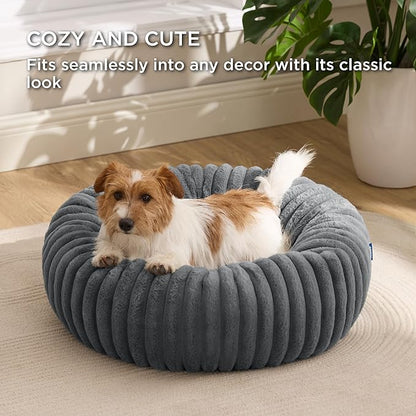 Bedsure ComfyFleece Donut Small Dog Bed - Dog Beds for Small Dogs with Corduroy Fleece & Anti Slip Bottom, Round Faux Fur Pet Beds with Washable Removable Cover, Warm Grey, 27x27x8 inches