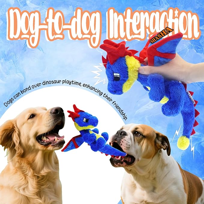 Original Blue Dinosaur Dog Toy - Soft Plush Dog Toys for Small Medium Large Dogs（13.78''） - Cute Dog Squeak Toys with 5 Crinckle Papers & 2 Squeakers
