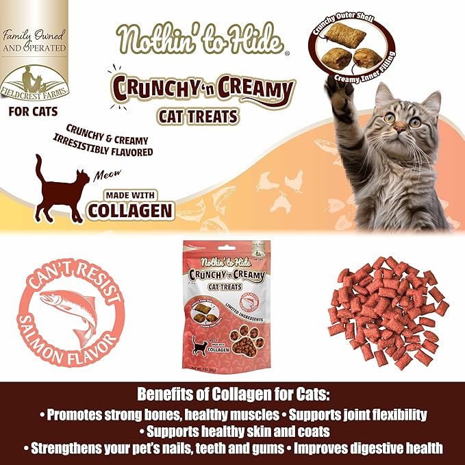 Fieldcrest Farms Nothin’ to Hide Collagen Cat Treats – Crunchy & Creamy Cat Snacks, High-Protein Healthy Treats for Skin, Coat & Joint Support, Salmon Flavor, 3 oz. Bag