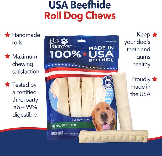 Pet Factory 100% Made in USA Beefhide 8" Rolls Dog Chew Treats - Natural Flavor, 10 Count/1 Pack