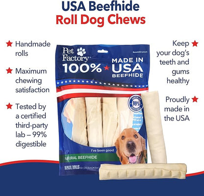Pet Factory 100% Made in USA Beefhide 8" Rolls Dog Chew Treats - Natural Flavor, 10 Count/1 Pack