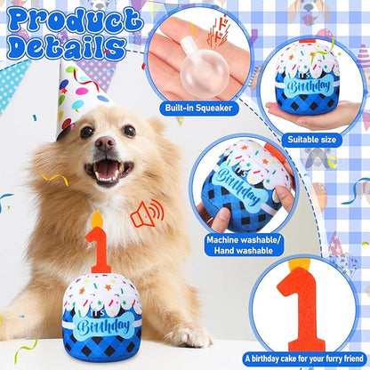 Dog 1st Birthday Cake Toy Accessories for Girl Boy Gifts, Blue Grid Squeaky Plush Toy for Dog Birthday Party Decor Favor for Large, Medium and Small Dogs