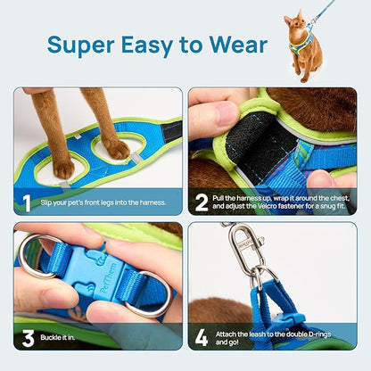Cat Harness and Leash Set, Step-in Escape Proof Adjustable Vest Harness for Small Medium Large Cats, Lightweight Soft Breathable Reflective Kitten Harness for Walking Travel, Camping(Hawaii Green, M)