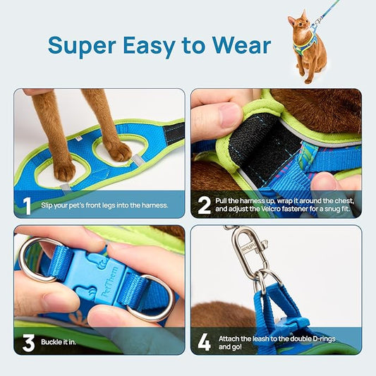 Cat Harness and Leash Set, Step-in Escape Proof Adjustable Vest Harness for Small Medium Large Cats, Lightweight Soft Breathable Reflective Kitten Harness for Walking Travel, Camping(Hawaii Green, M)