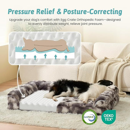 Faux Fur Orthopedic Dog Bed, Dog Bed for Medium Size, Supportive Foam Pet Sofa with Waterproof Lining Cover, Washable U-Shaped Pet Couch with Anti-Slip Bottom, Tie-dye Grey M 30x20x6.5 inch