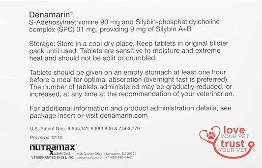 Nutramax Laboratories Denamarin Liver Health Supplement for Small Dogs and Cats - With S-Adenosylmethionine (SAMe) and Silybin, 30 Tablets