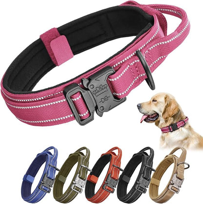 KCUCOP Tactical Dog Collar for Medium & Large Dogs - Military Nylon Heavy Duty Collar with Handle, Reflective Strip & Metal Buckle for Training, Outdoor (Pink Reflective, Medium)