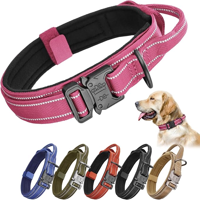 KCUCOP Tactical Dog Collar for Medium & Large Dogs - Military Nylon Heavy Duty Collar with Handle, Reflective Strip & Metal Buckle for Training, Outdoor (Pink Reflective, Large)