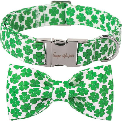 Unique Style Paws St. Patrick's Dog Collar with Bow Green Clover Cotton Puppy Collars Wedding Navigation for Small Medium Large Dogs