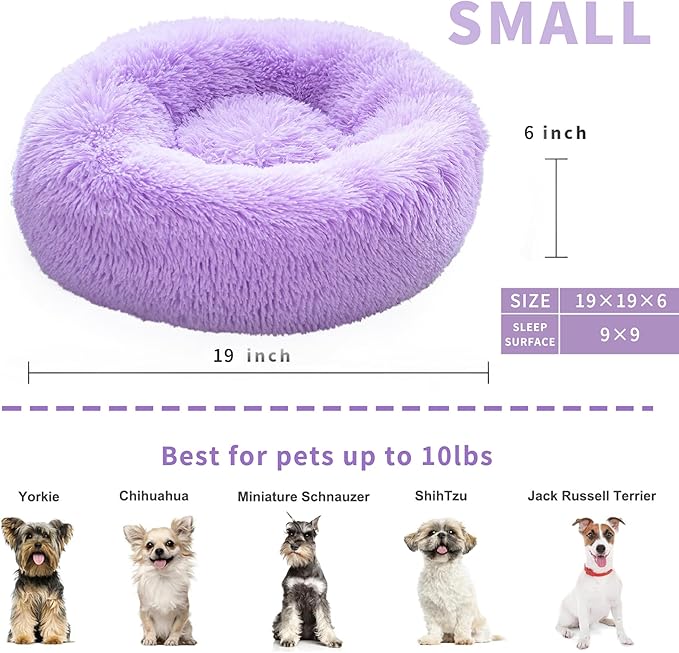 Calming Donut Dogs Beds for Small Dogs Washable,19inch Fluffy Round Puppy Bed for Puppies,Cats & Toy Breeds with Raised Rim,Fits up to 15 lbs Pets,Purple