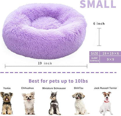 Calming Donut Dogs Beds for Small Dogs Washable,19inch Fluffy Round Puppy Bed for Puppies,Cats & Toy Breeds with Raised Rim,Fits up to 15 lbs Pets,Purple