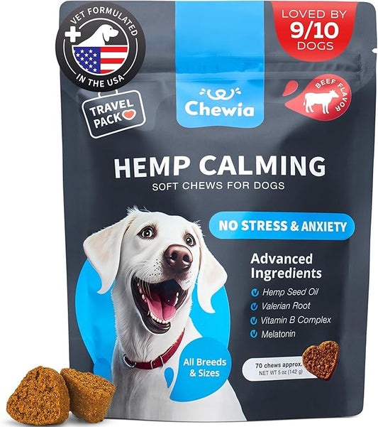 Calming Chews for Dogs Anxiety Relief - Soft Chews for Dogs - Melatonin, Chamomile Extract, Valerian Root - Travel Pack - Vet Visits, Grooming, Nail Trimming, Storms
