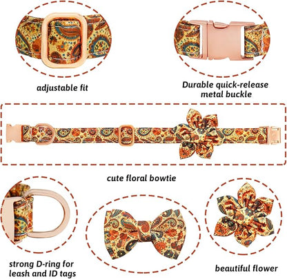 Dog Collar and Leash Set Girls Adjustable Puppy Collars with Floral Bow Tie for Small Medium Large Female Dogs, Orange Paisley, XS