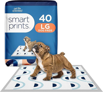 Pet Life Unlimited Smart Prints Large Puppy Pads – 22" x 22", 40 Count (L) | Stylish Dog Training Pads with Odor Controlling Wetness-Activated Sweet Bluegrass Scent | USA Made
