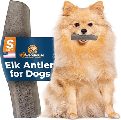 K9warehouse Natural Split Elk Antlers for Dogs - Premium Grade Dog Antler Chews - Long-Lasting Deer Antles Ideal for Aggressive Chewers - Safe USA Sourced Chew for Medium and Large Dogs - 1 Pack
