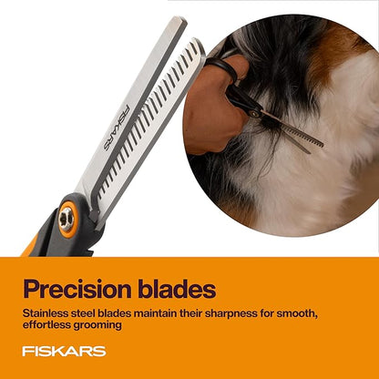 Fiskars Pet, Dog and Cat Grooming Scissors, Serrated Teeth for Thinning & SoftGrip Handle, Cat and Dog Supplies, Orange/Black, Blending Scissors