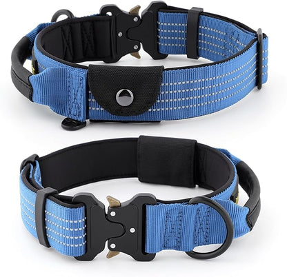 Plutus Pet Tactical Dog Collar with Tracker Pocket for AirTag, Adjustable Reflective Nylon Collar, Metal Buckle, Leather-Wrapped Handle, Soft Padded for Medium Large Dogs (Blue, M)