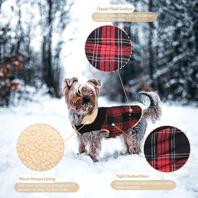 Preferhouse Winter Coat for Small and Medium Dogs, Puppy Plaid Jacket, Cotton Coat for Cold Weather, Windproof Warm Dog Garments, Pet Thickened Outfits Indoor Outdoor, Red XL