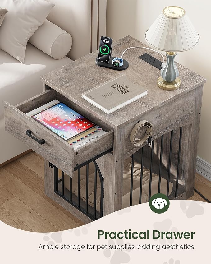 CHOEZON Dog Crate Furniture, Wooden Dog House with Charging Station and Storage Drawer, Indoor Pet Crate End Table for Small Breeds, for Living Room, Bedroom, Greige MGW01UFH