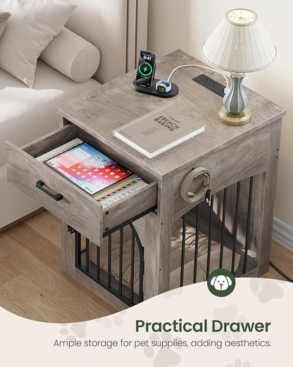 CHOEZON Dog Crate Furniture, Wooden Dog House with Charging Station and Storage Drawer, Indoor Pet Crate End Table for Small Breeds, for Living Room, Bedroom, Greige MGW01UFH