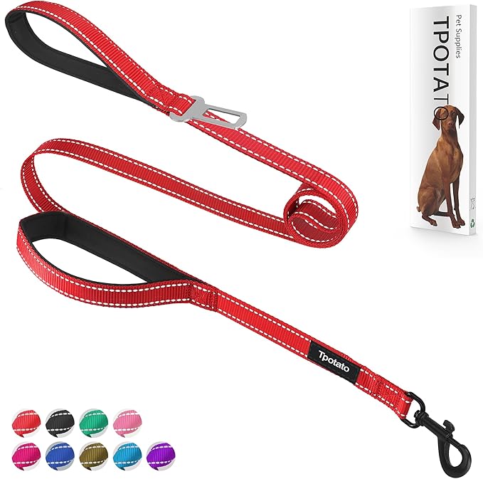 6 Foot Red Dog Leashes for Large Medium and Small Breed Dogs That Pull,Reflective Nylon Heavy Duty Dog Leash with 2 Comfortable Padded Traffic Handles and Car Seat Belt for Walking and Training