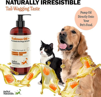 Deley Naturals Wild Alaskan Salmon Oil for Dogs & Cats - New & Improved Salmon Oil Plus Formula - Fish Oil for Dogs with DHA EPA Omega 3 & 6 Fatty Acids - Omega 3 for Skin & Coat - 16oz Made in USA