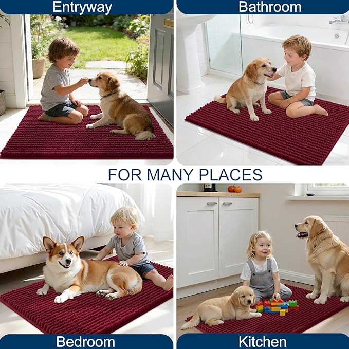 OLANLY Dog Door Mat for Muddy Paws 30x20, Ultra Absorbent Chenille Mud Doormat, Non-Slip Washable and Dirt Trapping Doormat for Indoor Entryway, Quick-Dry Indoor Pet Bed Mats for Dogs, Burgundy