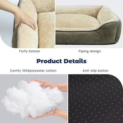 Miguel Medium Small Dog Bed with Washable Removable Cover - Rectangle Pet Bed for Indoor Cats with Bolster Soft Cuddle Bed for Puppies with Supportive Side Wall Slip-Resistant Bottom, Khaki 25 Inches