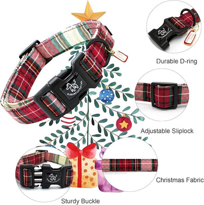Elegant littlle Tail Christmas Dog Collar, Red Plaid Pet Collars Soft Cotton Winter Dog Collar with Quick Release Buckle Pet Puppy Collars for Small Medium Large Dogs