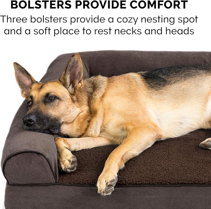Furhaven Cooling Gel Dog Bed for Medium/Small Dogs w/ Removable Bolsters & Washable Cover, For Dogs Up to 35 lbs - Sherpa & Chenille Sofa - Coffee, Medium