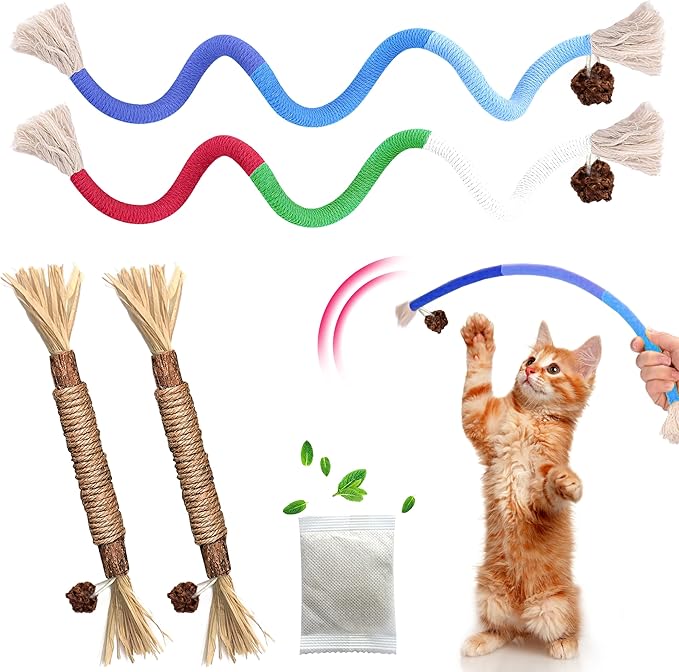 GBSYU Cat Toys Chew Rope & Silvervine Sticks for Bored Indoor Adult Cats, 4Pcs Interactive Catnip Toys for Cats with Refillable Natural Catnip Bag for Teeth Cleaning
