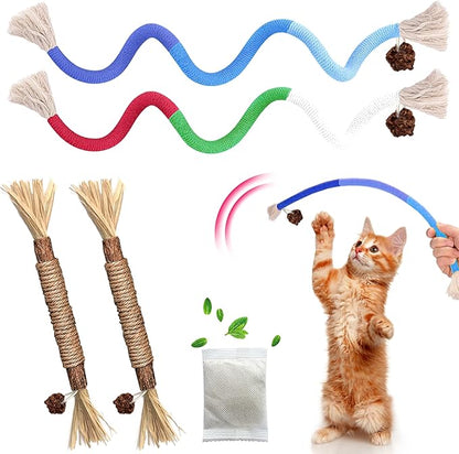GBSYU Cat Toys Chew Rope & Silvervine Sticks for Bored Indoor Adult Cats, 4Pcs Interactive Catnip Toys for Cats with Refillable Natural Catnip Bag for Teeth Cleaning