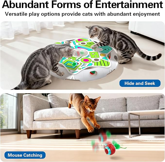 Interactive Cat Toy Playset, Hide and Seek Toy with Motion Activate Cat Ball, 2 Kitten Toys Bell Ball, Exercise Toys for Indoor Bored Adult Cats