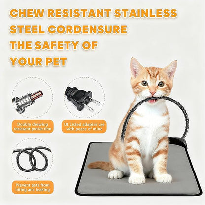 Orznez Pet Heating Pad for Cats & Dogs,Safe Electric Cat Warming Pad with Chew Resistant Cord,Automatic Induction Heated Cat Bed,Adjustable Temperature & Time (Light Grey, 17.7" x 17.7")