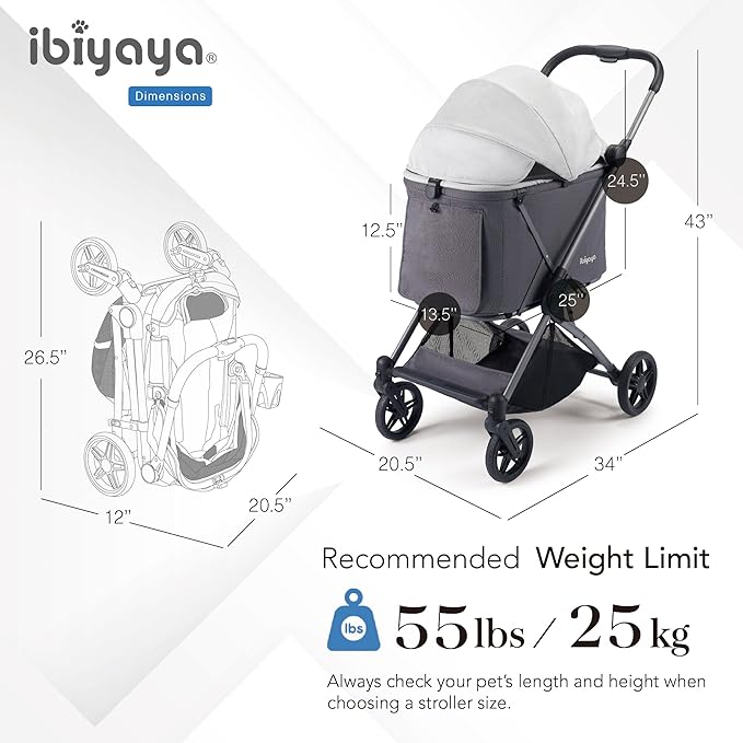 ibiyaya Maxi Deep Carriage Pet Stroller for Cats and Small Dogs – Flat-Free Rubber Wheels, One-Hand Fold, Extra-Tall Cabin (Twin Gray)