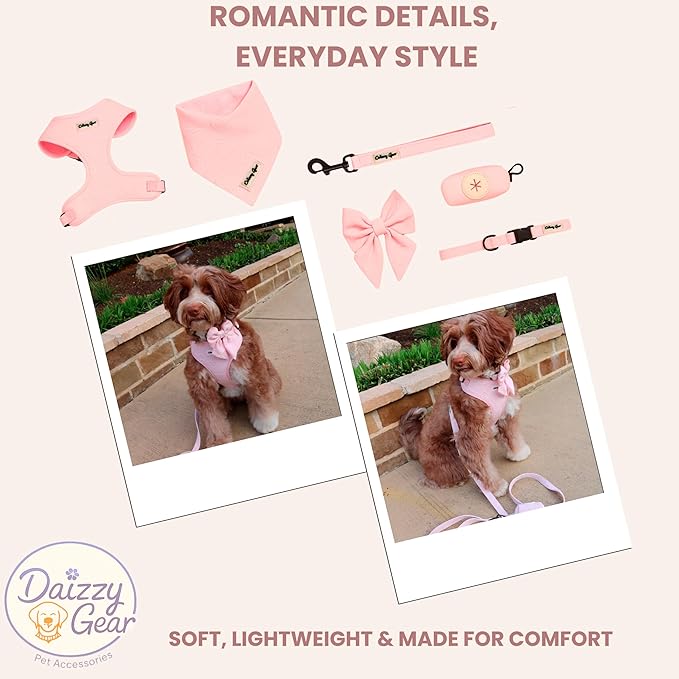 Medium Dog Harness Set – Cute No Pull, All Weather, Breathable Harness and Leash Set with Collar, Bandana, Sailor Bow & Poop Bag Holder – Adjustable, Soft & Stylish – Pink Hearts on Jacquard Fabric