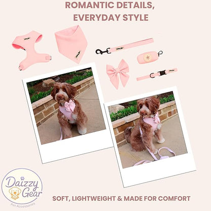 Medium Dog Harness Set – Cute No Pull, All Weather, Breathable Harness and Leash Set with Collar, Bandana, Sailor Bow & Poop Bag Holder – Adjustable, Soft & Stylish – Pink Hearts on Jacquard Fabric