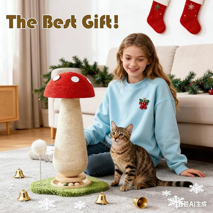 Cat Scratching Tower - Indoor Scratcher for Adult Felines, Playful Kitty Tree with Catnip Ball Track and Spring Fur Ball, Sturdy Sisal Scratching Post Toy 25.2'' - Red Mushroom